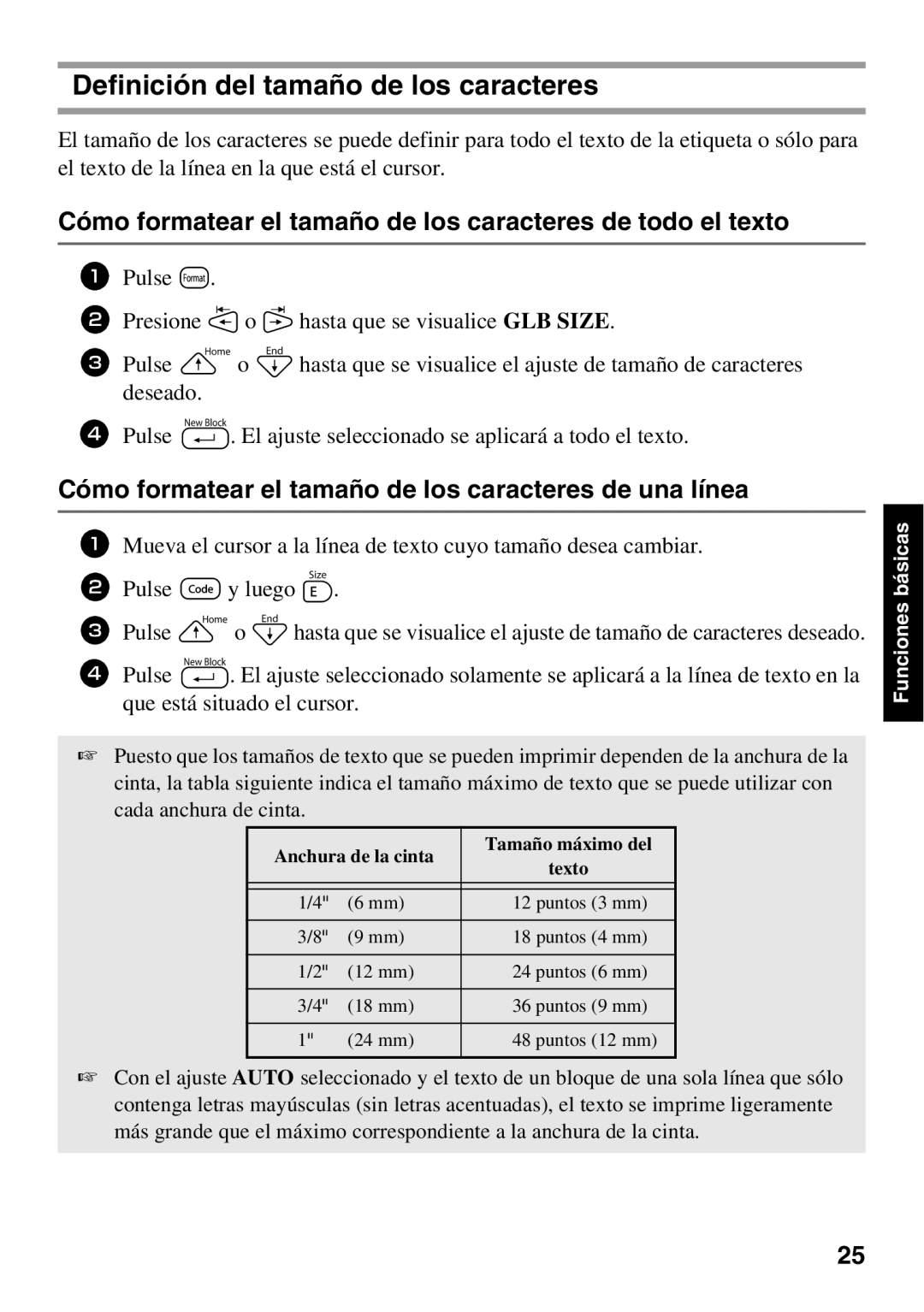 Brother PT Series Definición del tamaño de los caracteres, Cómo formatear el tamaño de los caracteres de todo el texto 