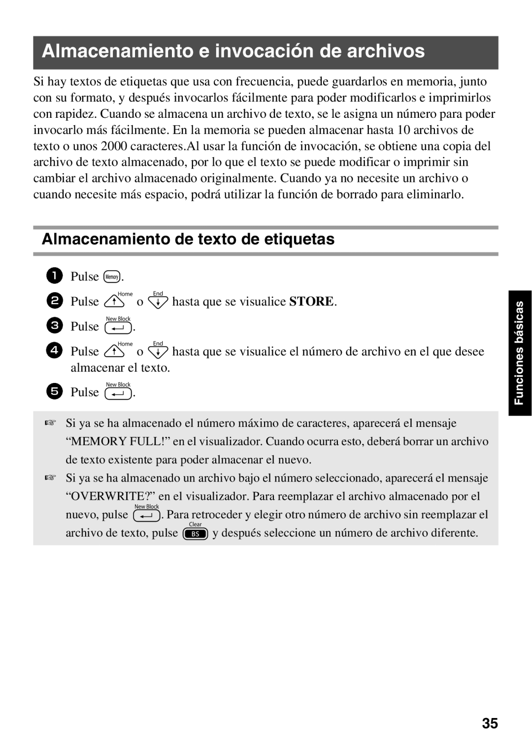 Brother PT Series manual Almacenamiento e invocación de archivos, Almacenamiento de texto de etiquetas 