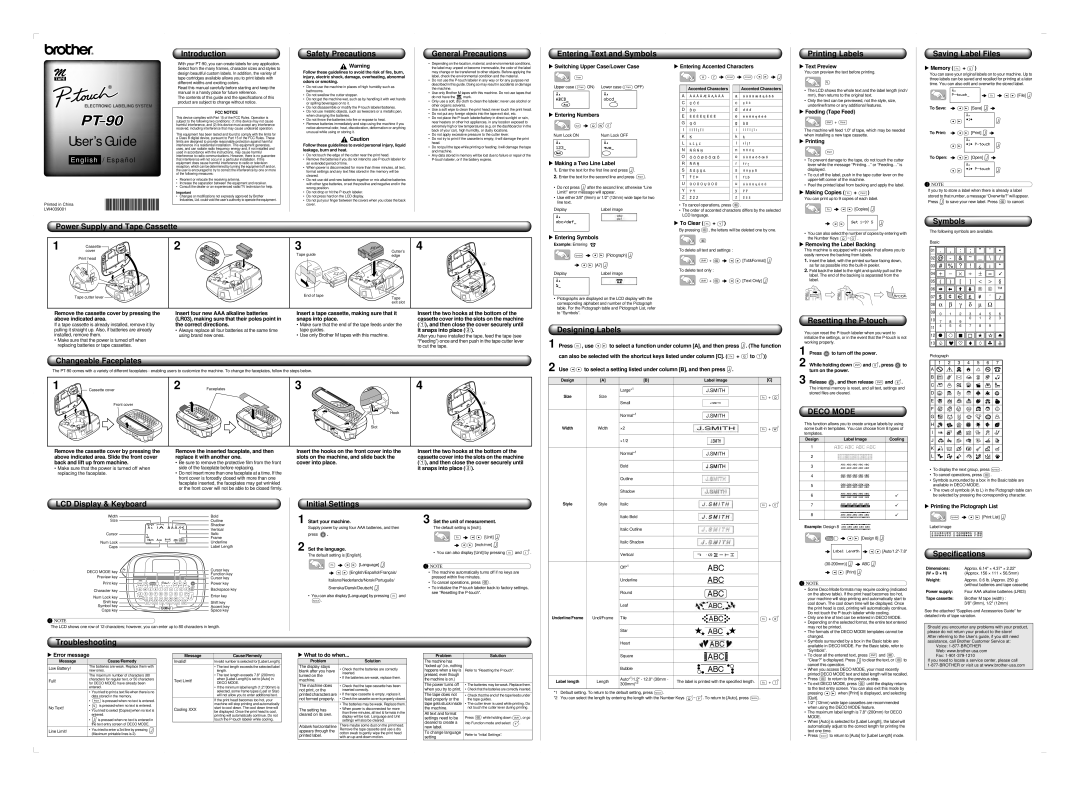 Brother PT-90, PT90 specifications Introduction, Safety Precautions General Precautions, Entering Text and Symbols 