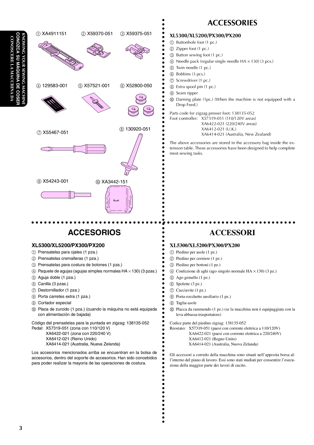 Brother PX-200 instruction manual Accesorios, Accessori 