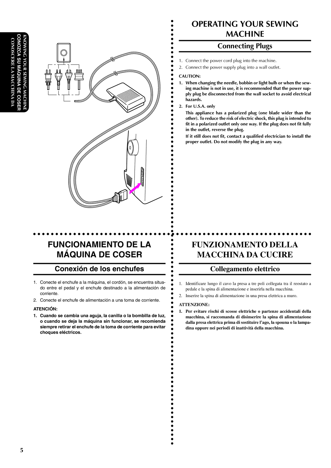 Brother PX-200 Funcionamiento DE LA Máquina DE Coser, Funzionamento Della Macchina DA Cucire, Connecting Plugs 