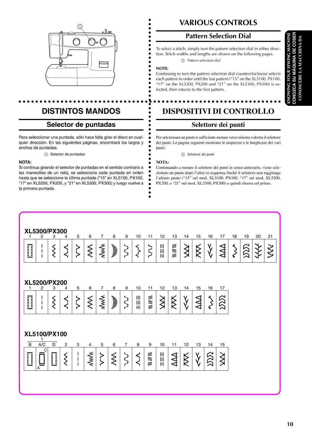 Brother PX-200 instruction manual Distintos Mandos, Dispositivi DI Controllo, Selector de puntadas, Pattern Selection Dial 