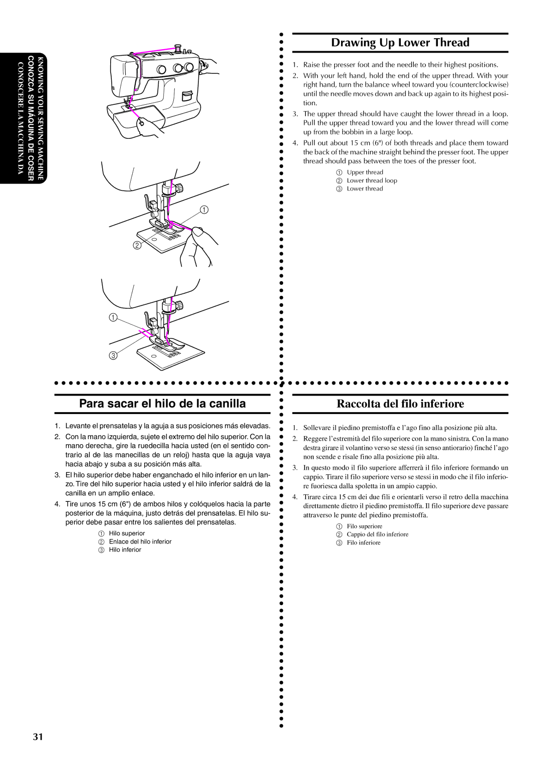 Brother PX-200 instruction manual Drawing Up Lower Thread, Para sacar el hilo de la canilla, Raccolta del filo inferiore 