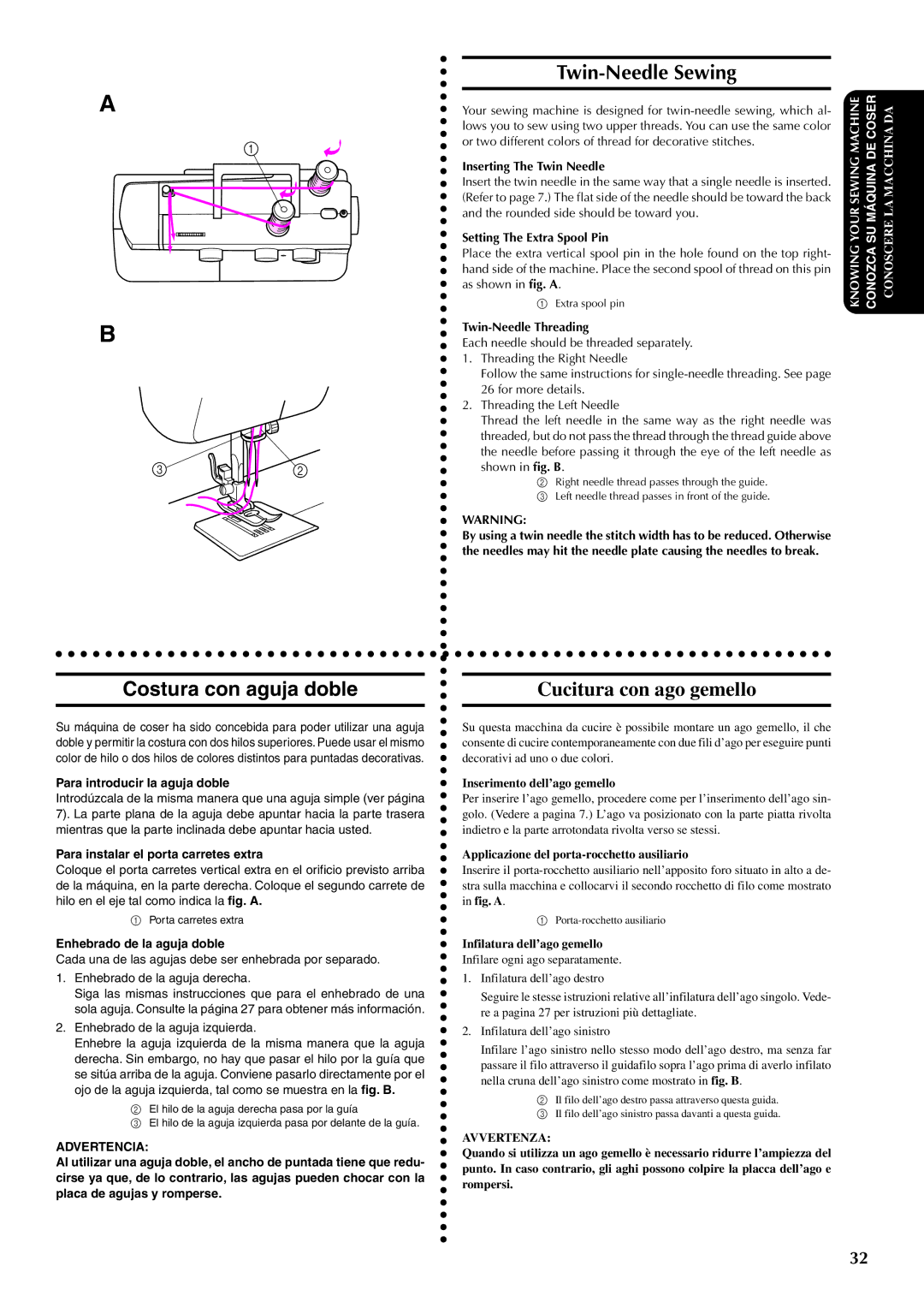 Brother PX-200 instruction manual Twin-Needle Sewing, Costura con aguja doble, Cucitura con ago gemello 