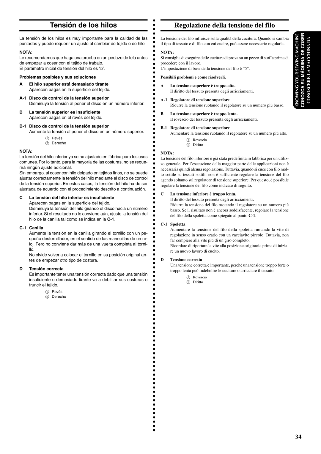 Brother PX-200 instruction manual Tensión de los hilos, Regolazione della tensione del filo 