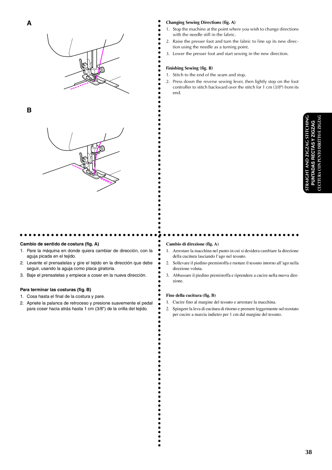 Brother PX-200 Cambio de sentido de costura fig. a, Para terminar las costuras fig. B, Changing Sewing Directions fig. a 