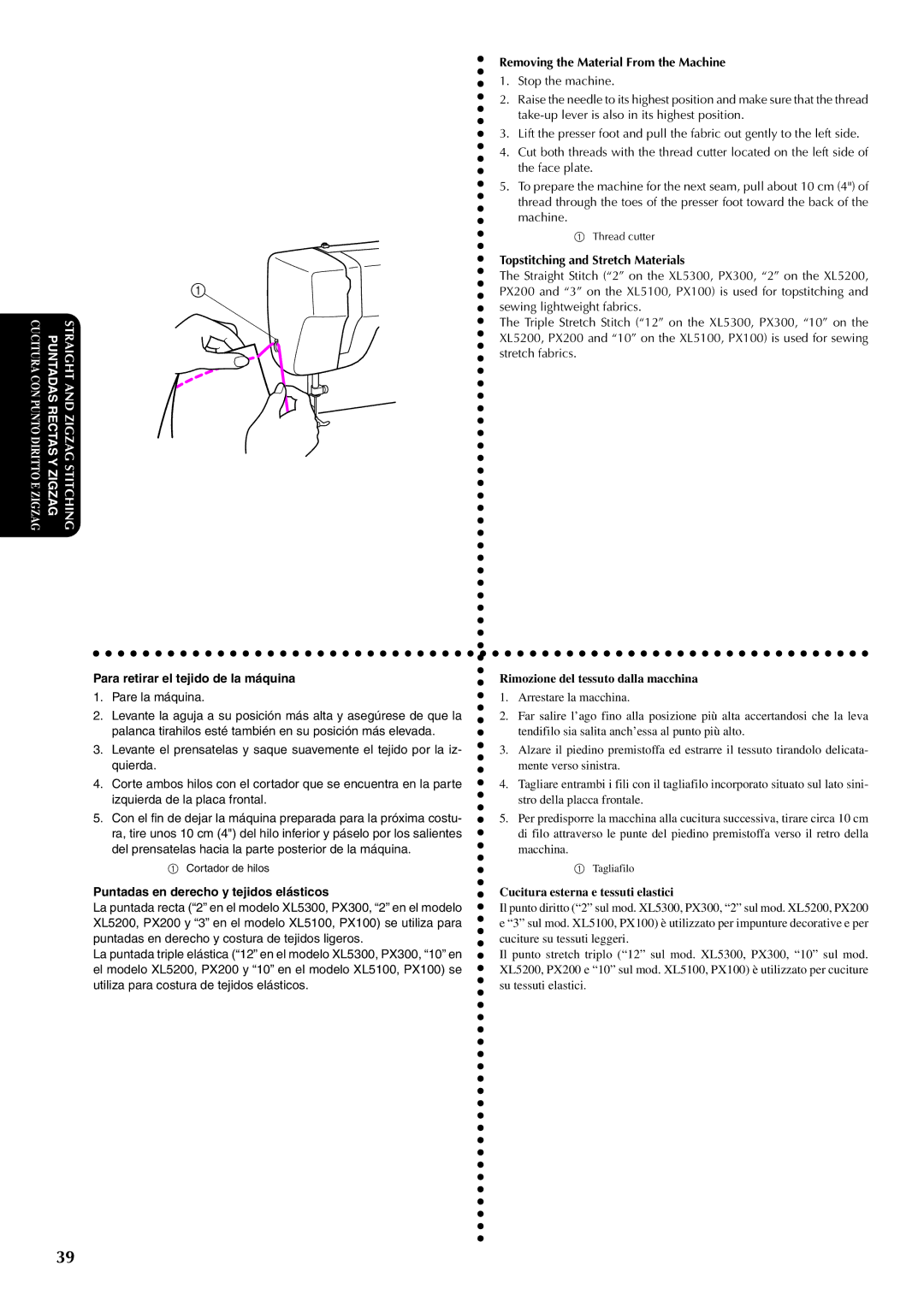 Brother PX-200 instruction manual Removing the Material From the Machine, Topstitching and Stretch Materials 