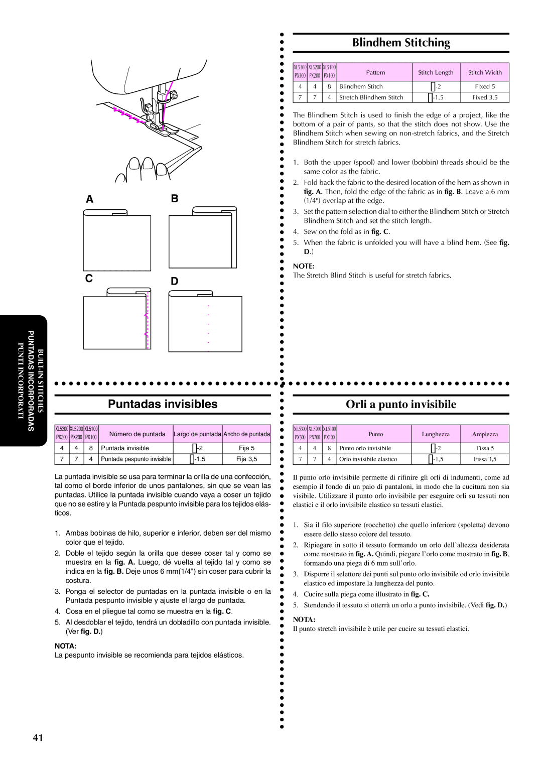 Brother PX-200 instruction manual Puntadas invisibles, Blindhem Stitching, Orli a punto invisibile 