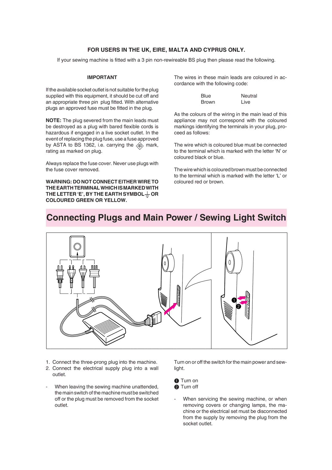 Brother PX-200 instruction manual Connecting Plugs and Main Power / Sewing Light Switch 