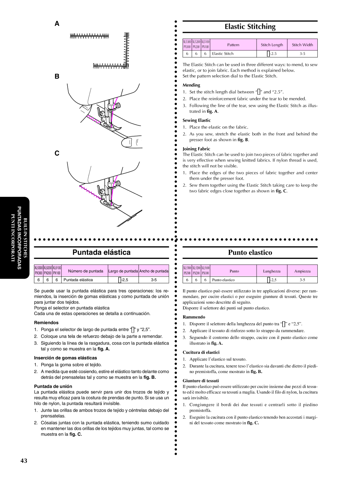 Brother PX-200 instruction manual Punto elastico, Remiendos, Inserción de gomas elásticas, Puntada de unión 