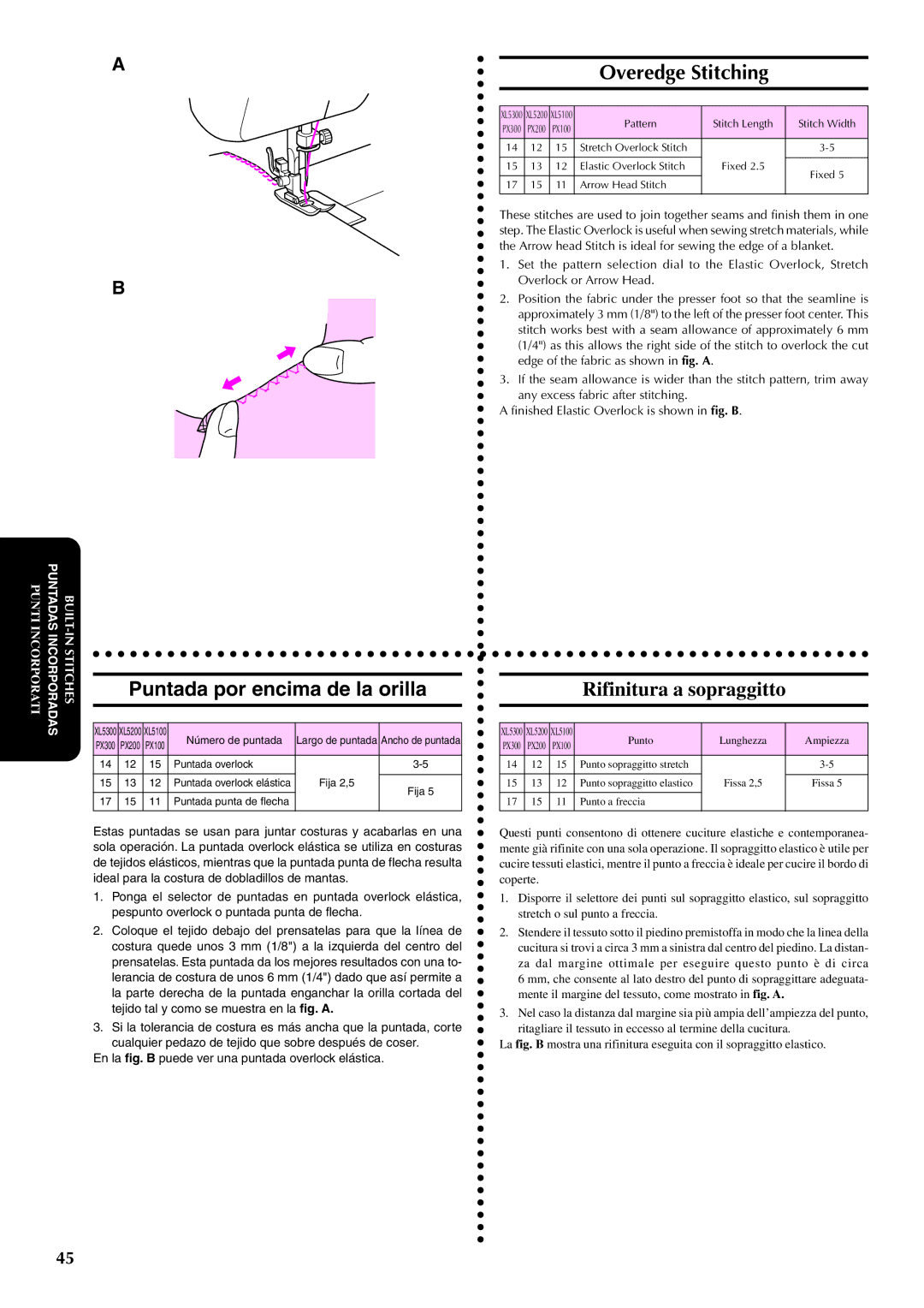 Brother PX-200 instruction manual Puntada por encima de la orilla, Overedge Stitching, Rifinitura a sopraggitto 