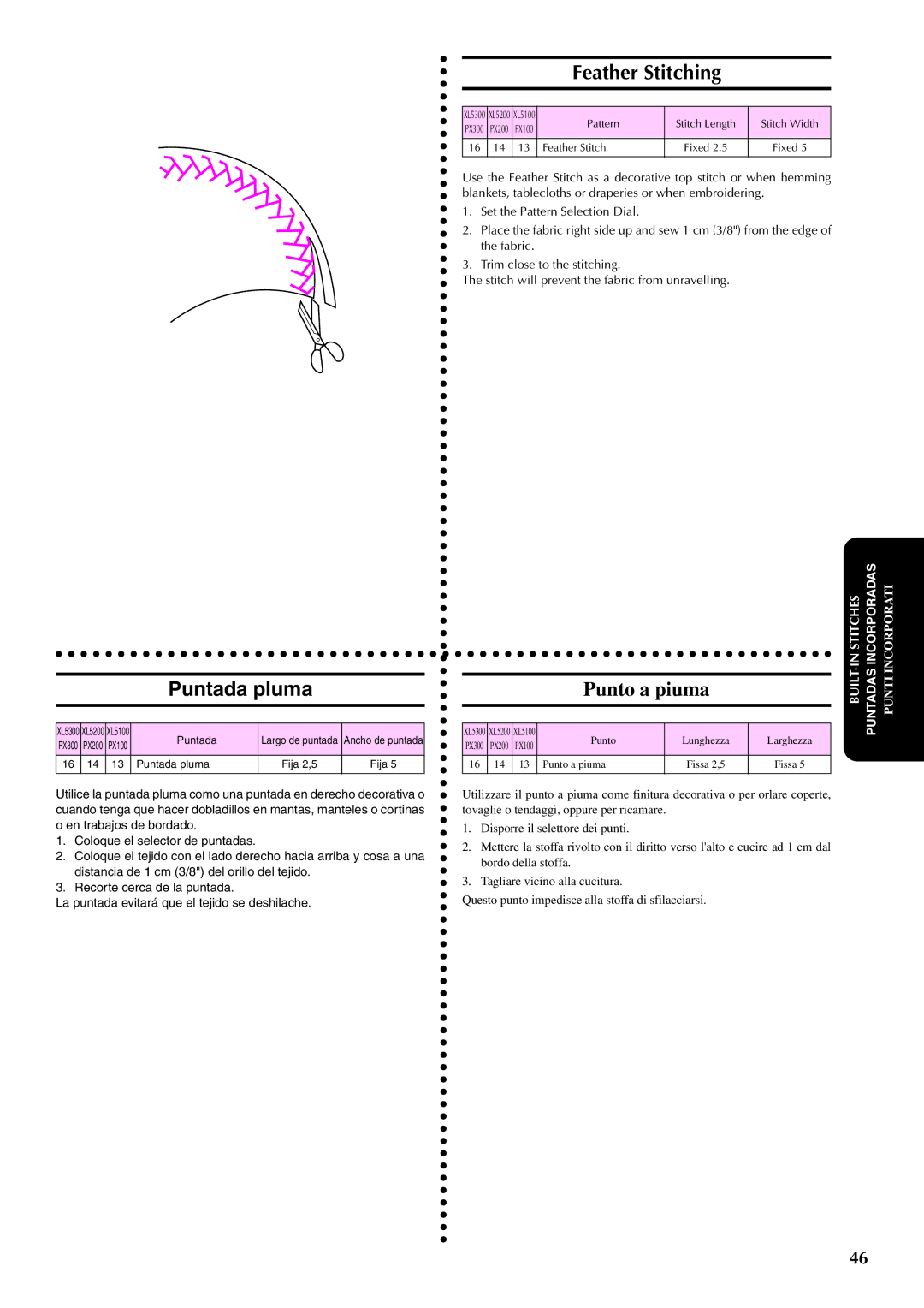 Brother PX-200 instruction manual Puntada pluma, Feather Stitching, Punto a piuma 
