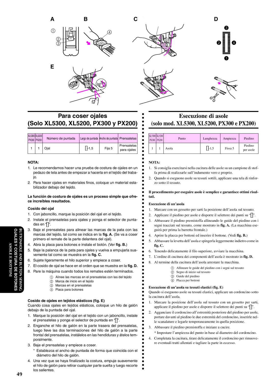 Brother PX-200 Para coser ojales Solo XL5300, XL5200, PX300 y PX200, Cosido de ojales en tejidos elásticos fig. E 