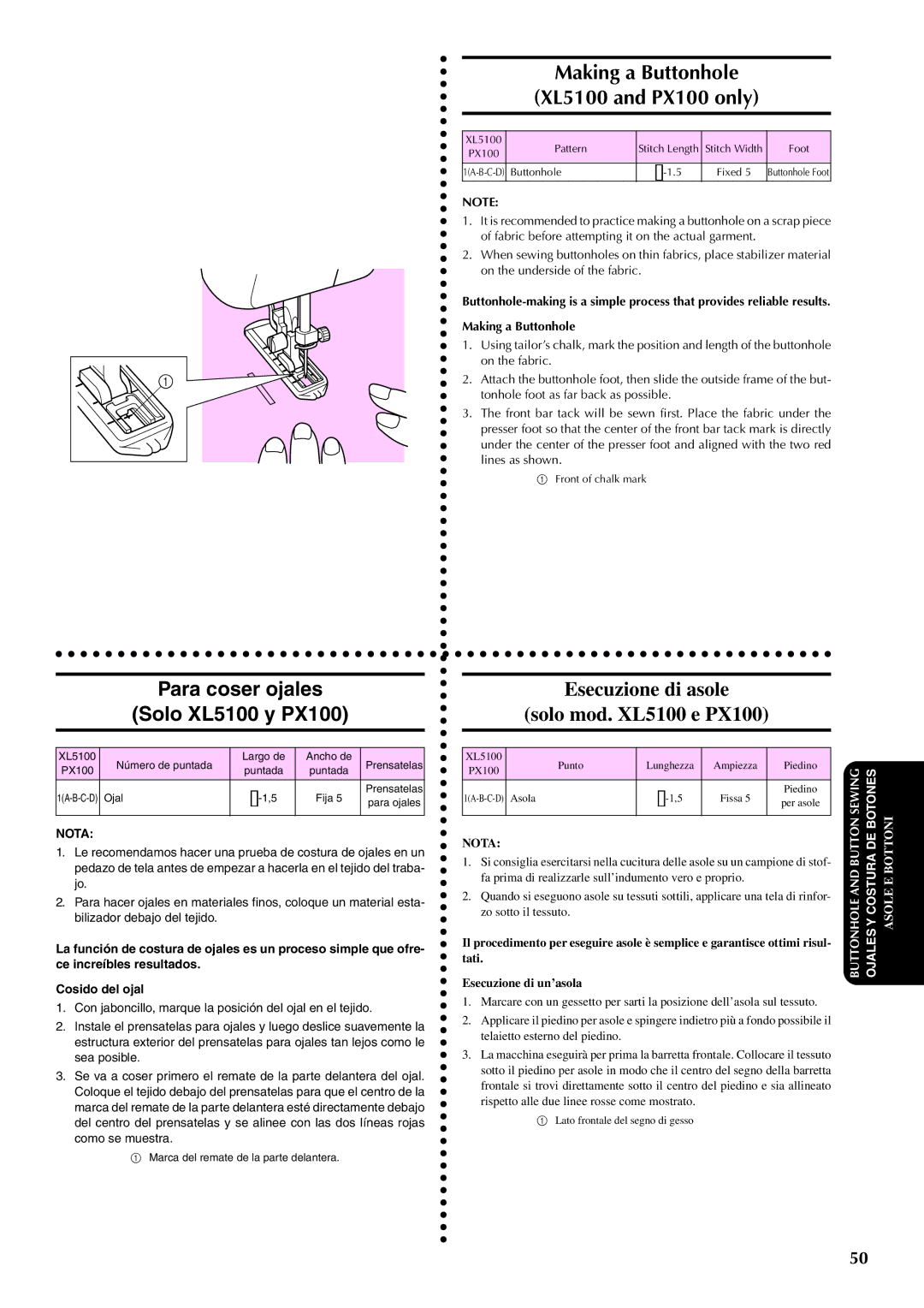 Brother PX-200 instruction manual Making a Buttonhole XL5100 and PX100 only, Para coser ojales Solo XL5100 y PX100 