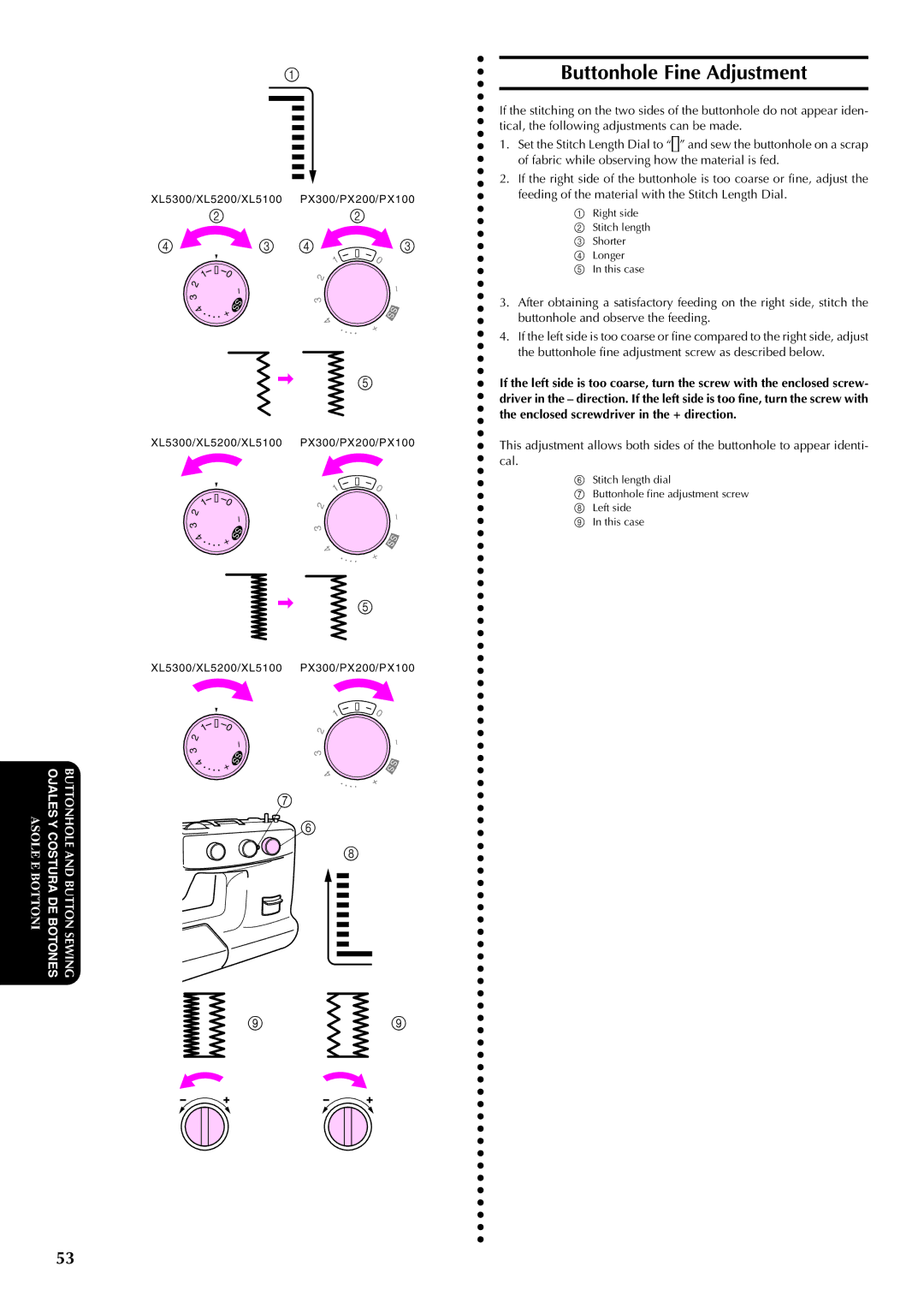 Brother PX-200 instruction manual Buttonhole Fine Adjustment 