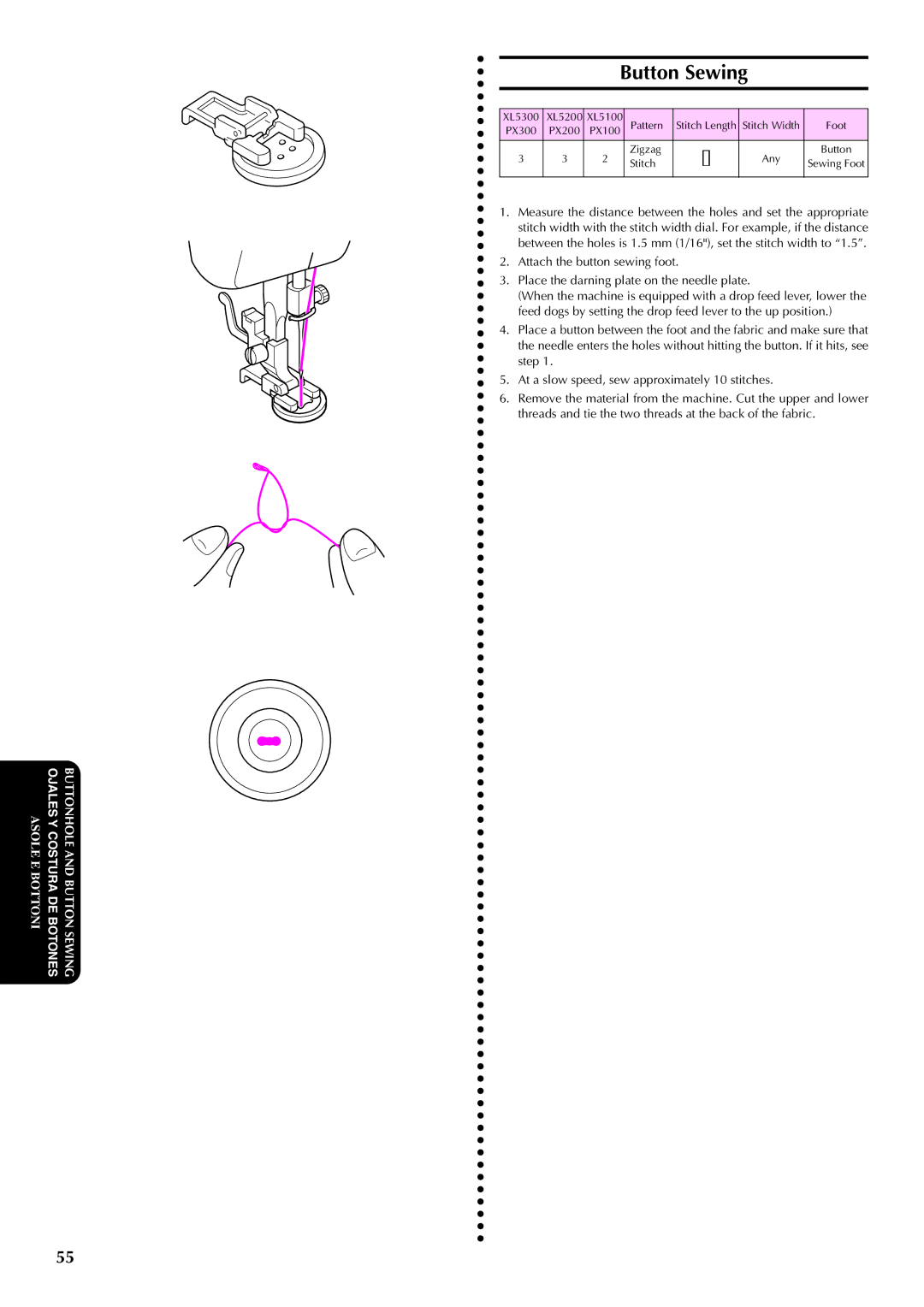 Brother PX-200 instruction manual Button Sewing 