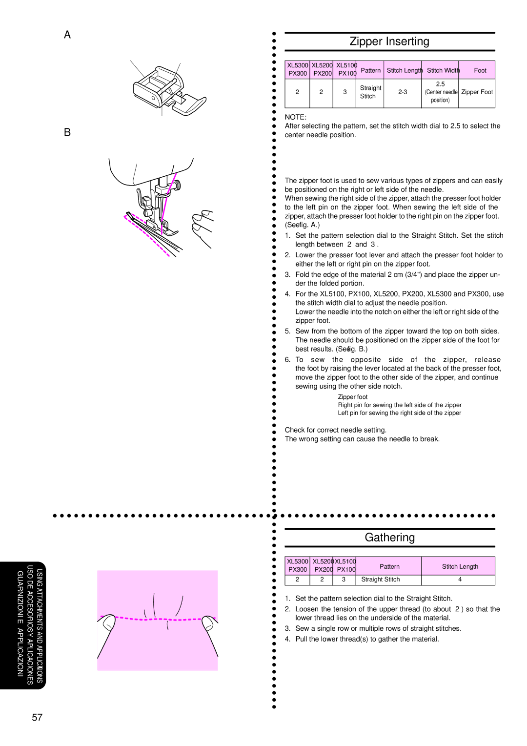 Brother PX-200 instruction manual Zipper Inserting, Gathering 