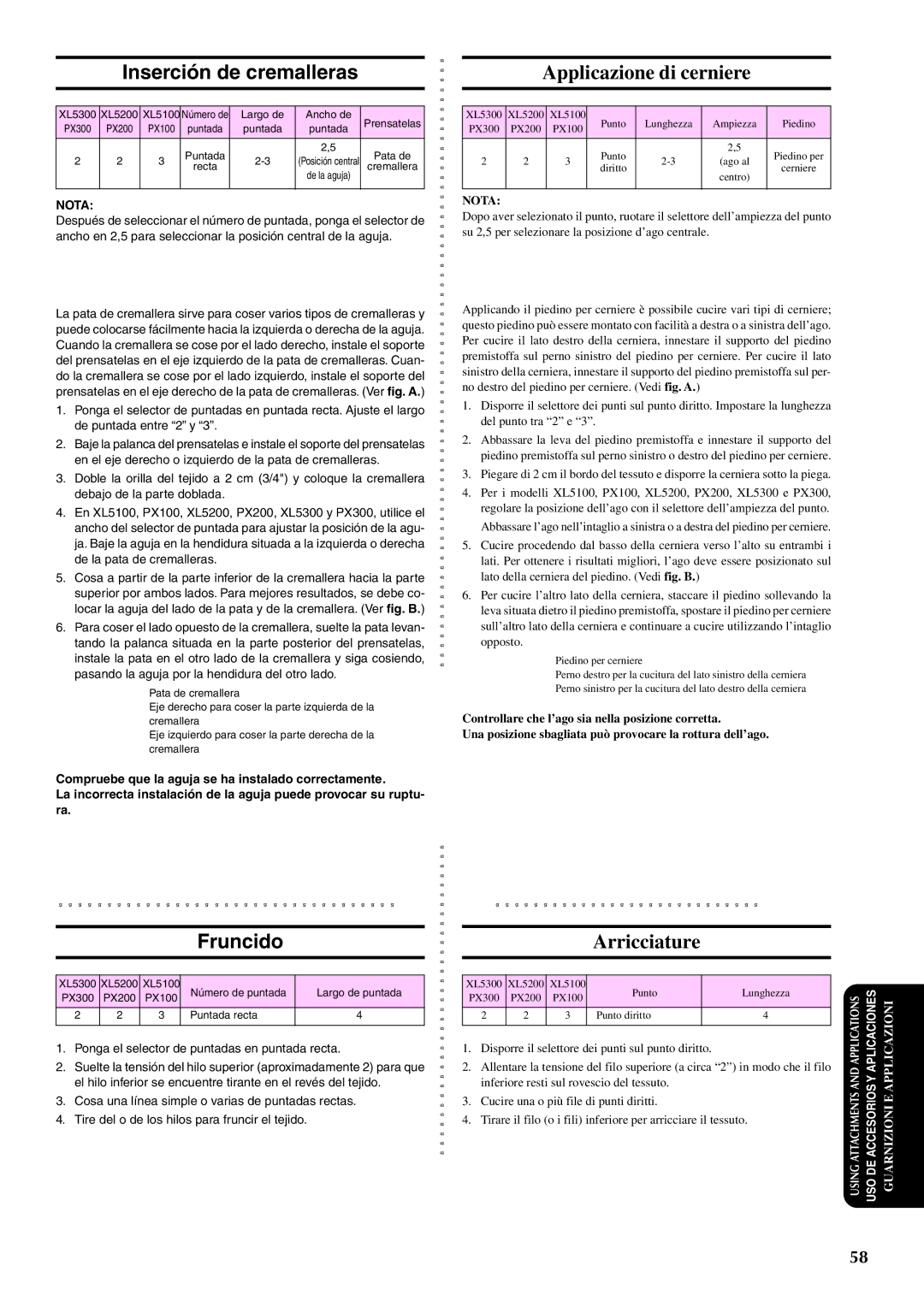 Brother PX-200 instruction manual Inserción de cremalleras, Fruncido, Applicazione di cerniere, Arricciature 