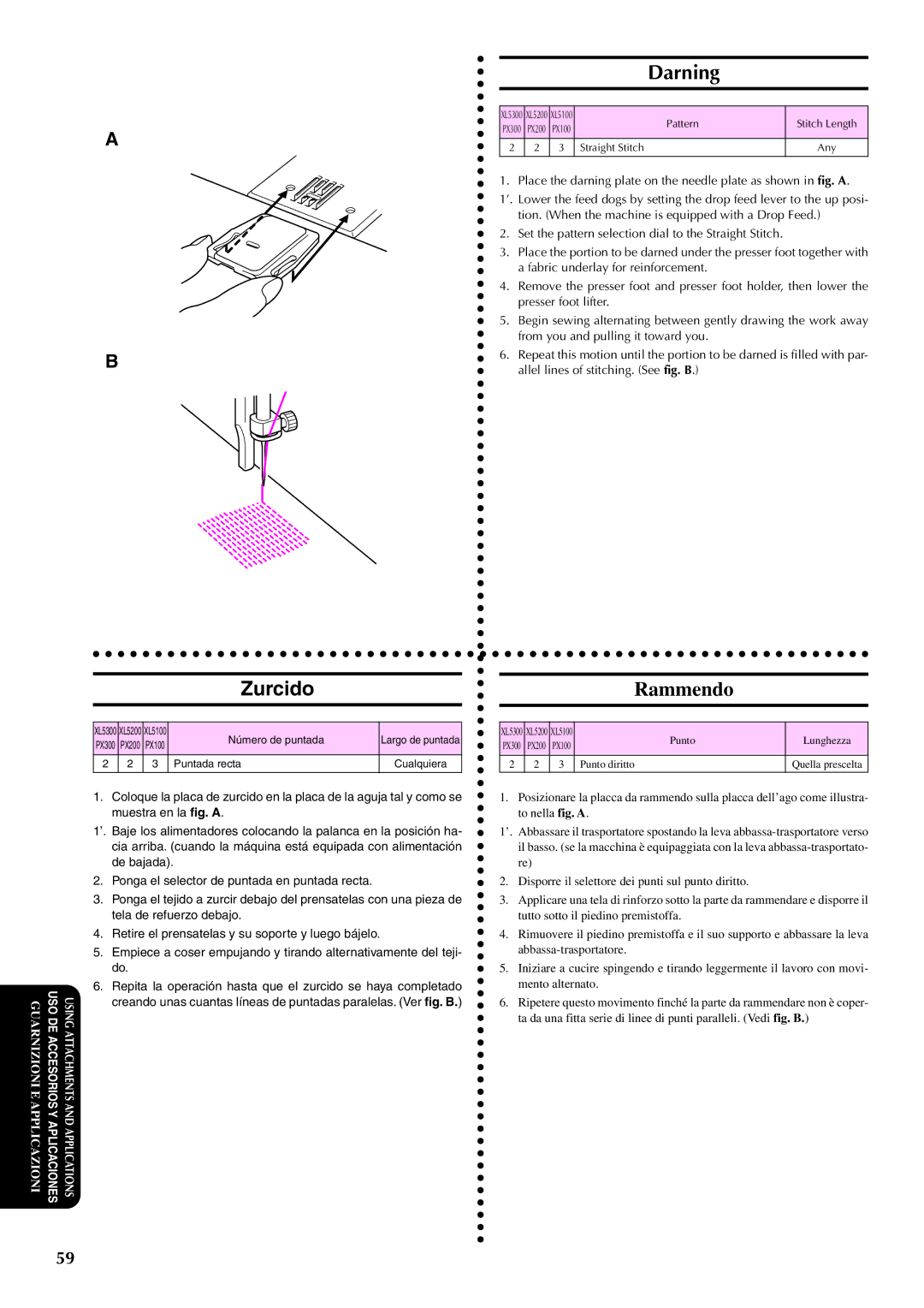 Brother PX-200 instruction manual Zurcido, Darning, Rammendo 