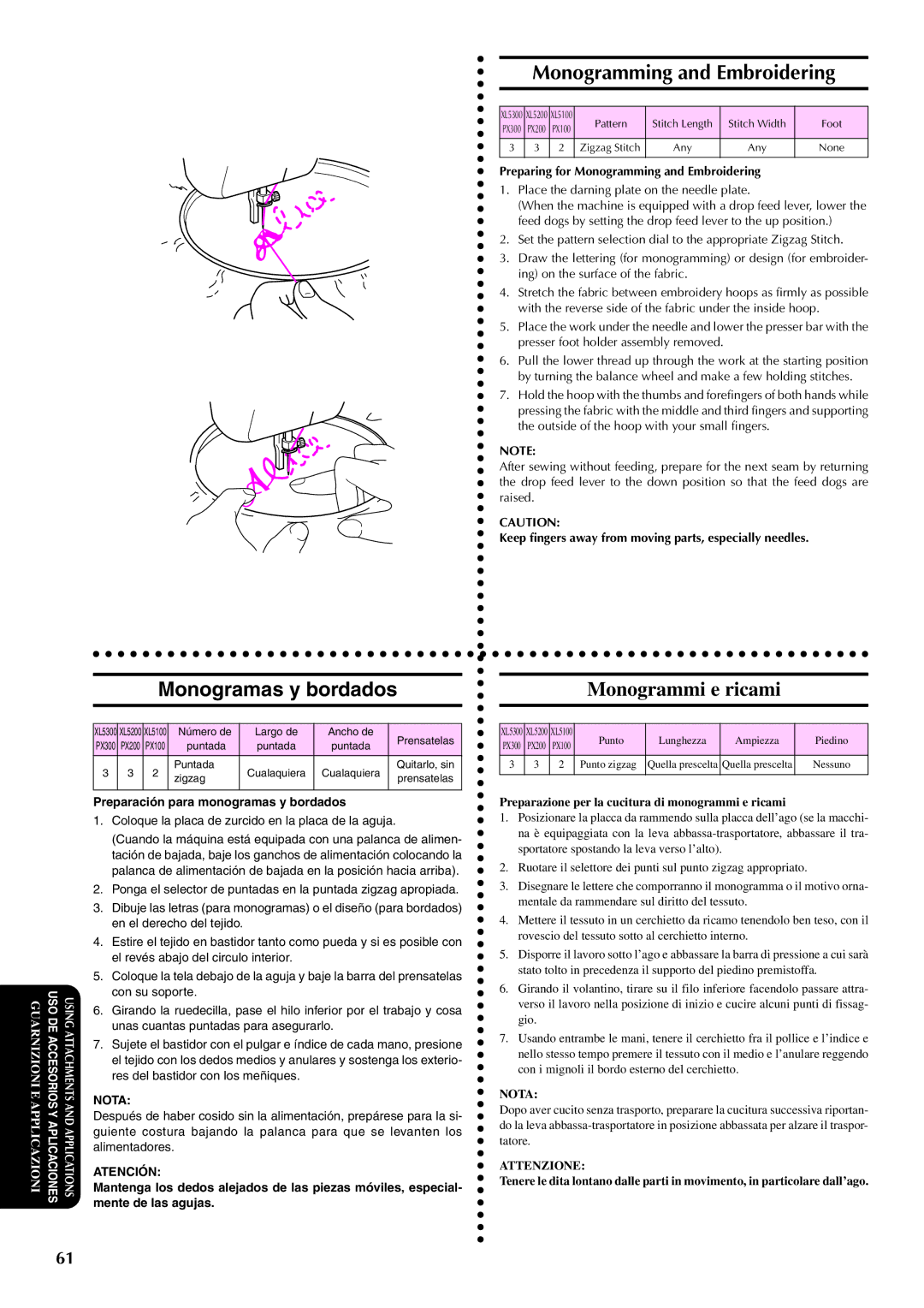 Brother PX-200 instruction manual Monogramming and Embroidering, Monogramas y bordados, Monogrammi e ricami 