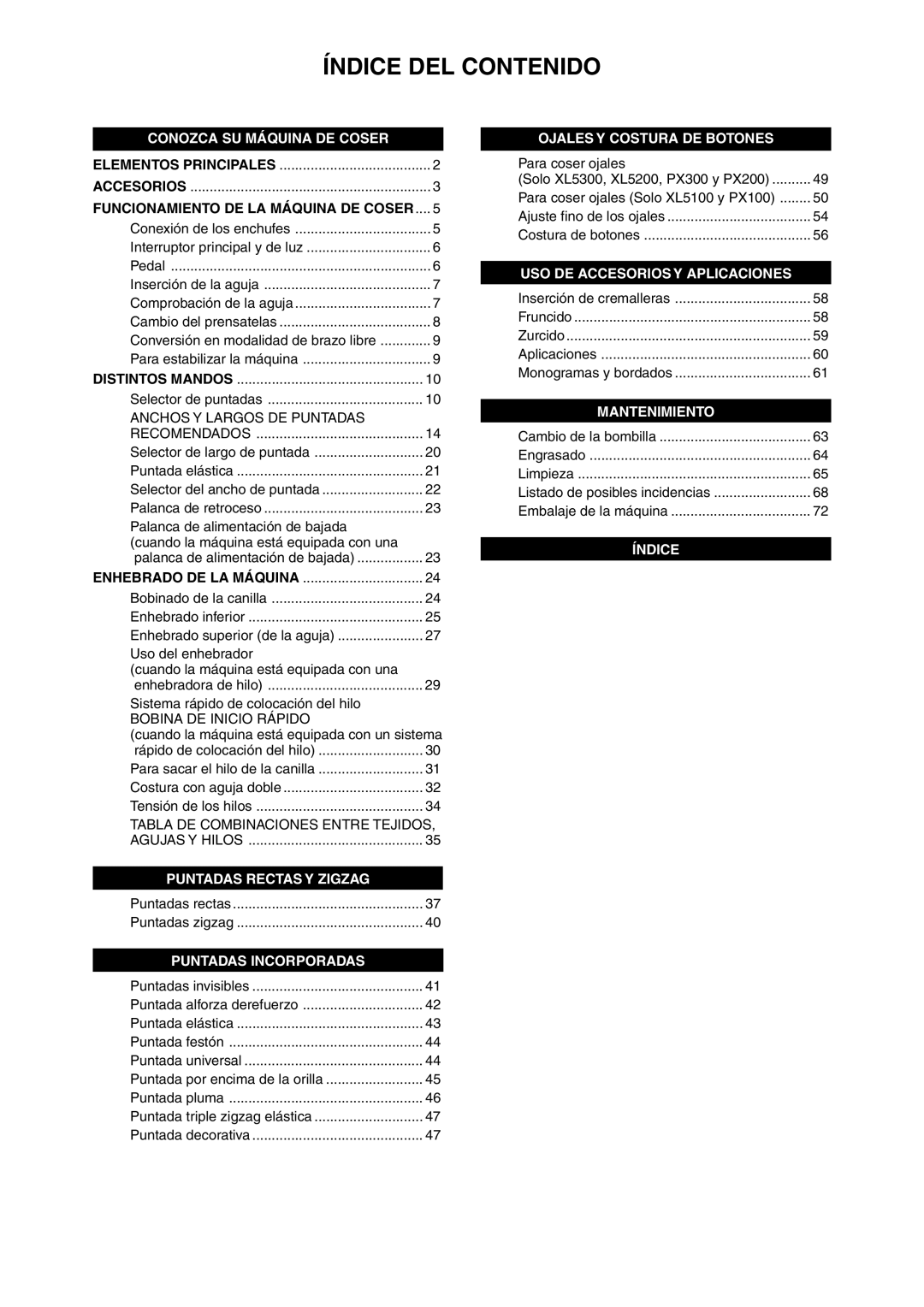 Brother PX-200 instruction manual Índice DEL Contenido, Conozca SU Máquina DE Coser 