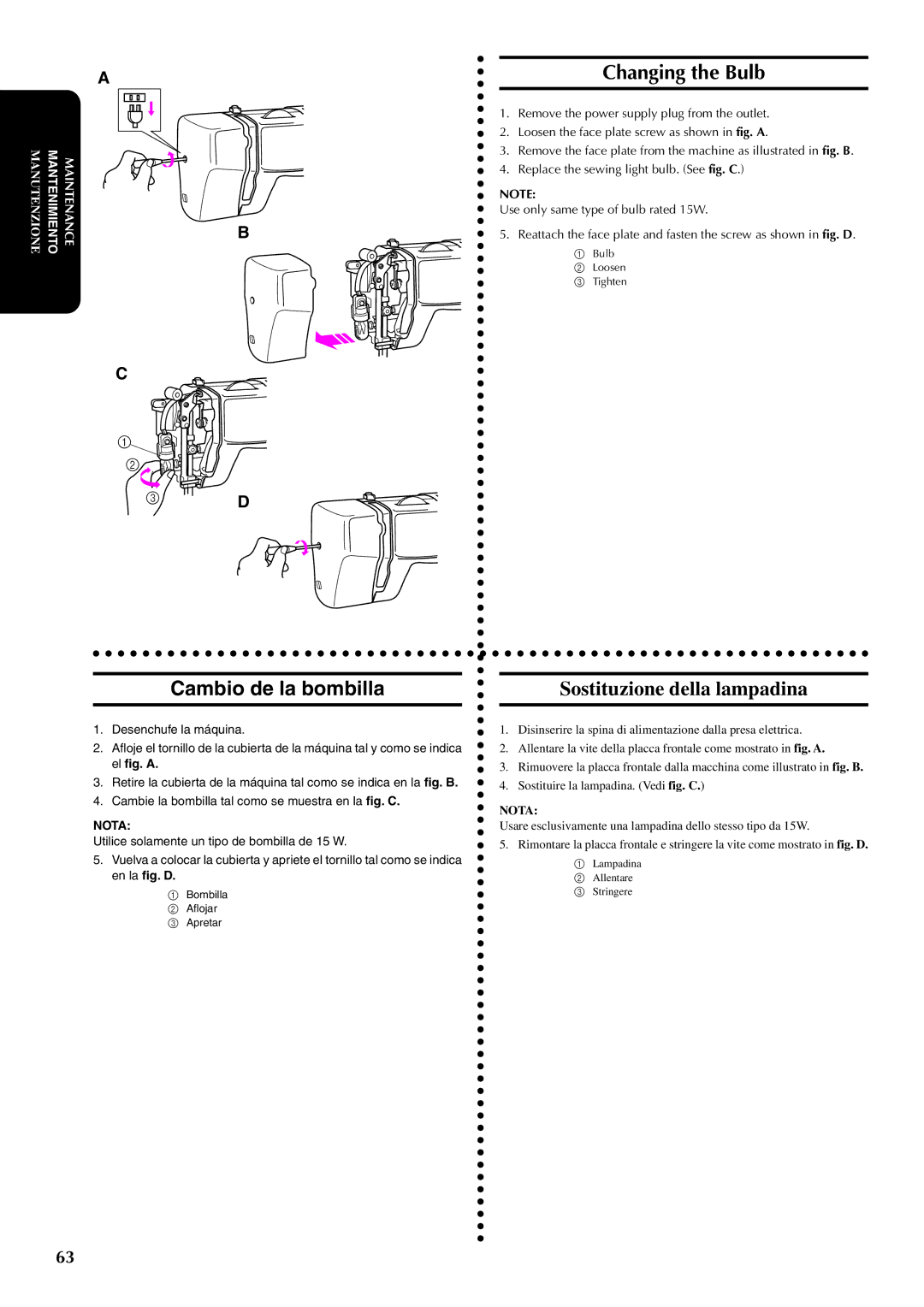 Brother PX-200 instruction manual Changing the Bulb, Cambio de la bombilla, Sostituzione della lampadina 