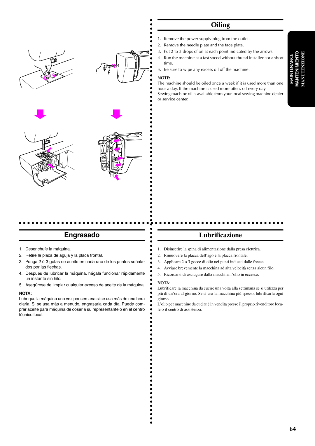 Brother PX-200 instruction manual Engrasado, Oiling, Lubrificazione 