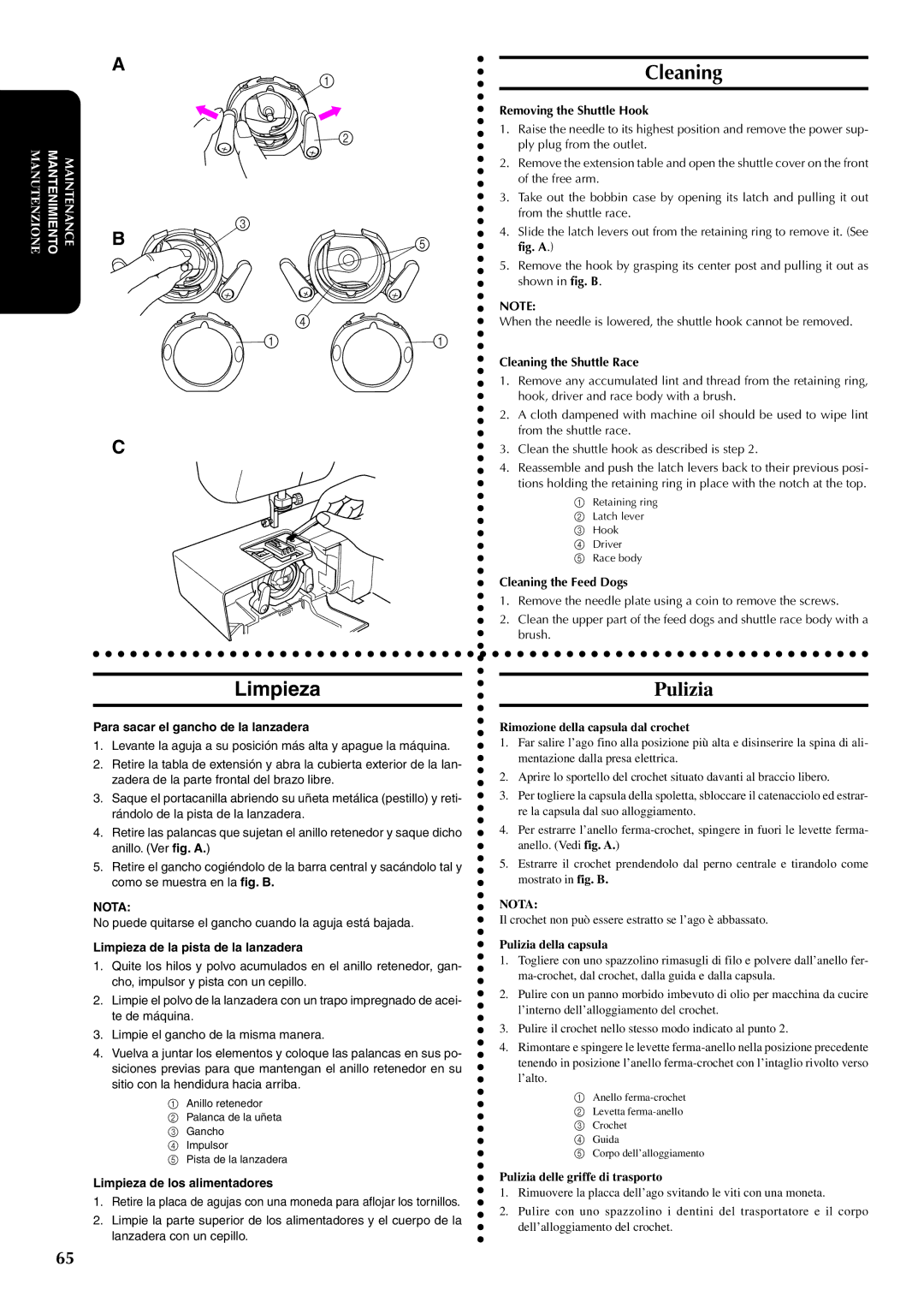 Brother PX-200 instruction manual Cleaning, Limpieza, Pulizia 