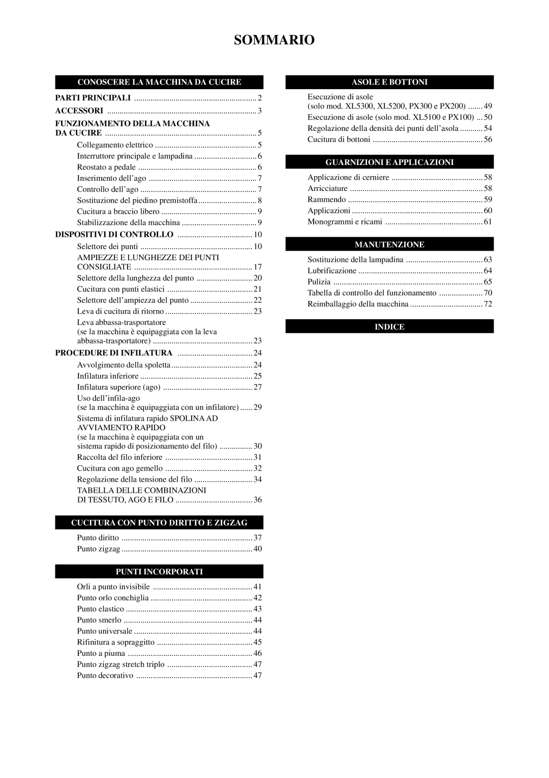 Brother PX-200 instruction manual Sommario, Conoscere LA Macchina DA Cucire 