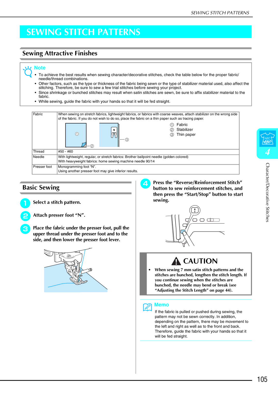 Brother QC 1000 operation manual Sewing Stitch Patterns, 105, Sewing Attractive Finishes, Basic Sewing 