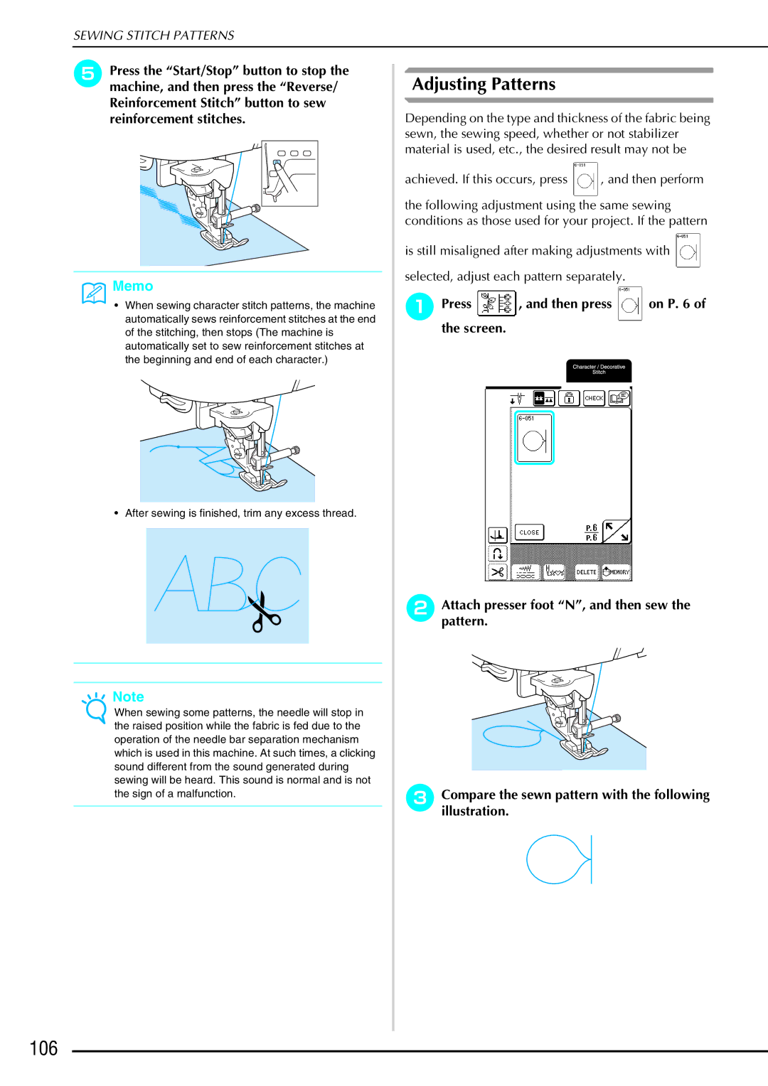 Brother QC 1000 operation manual 106, Adjusting Patterns, APress Then press, Screen 