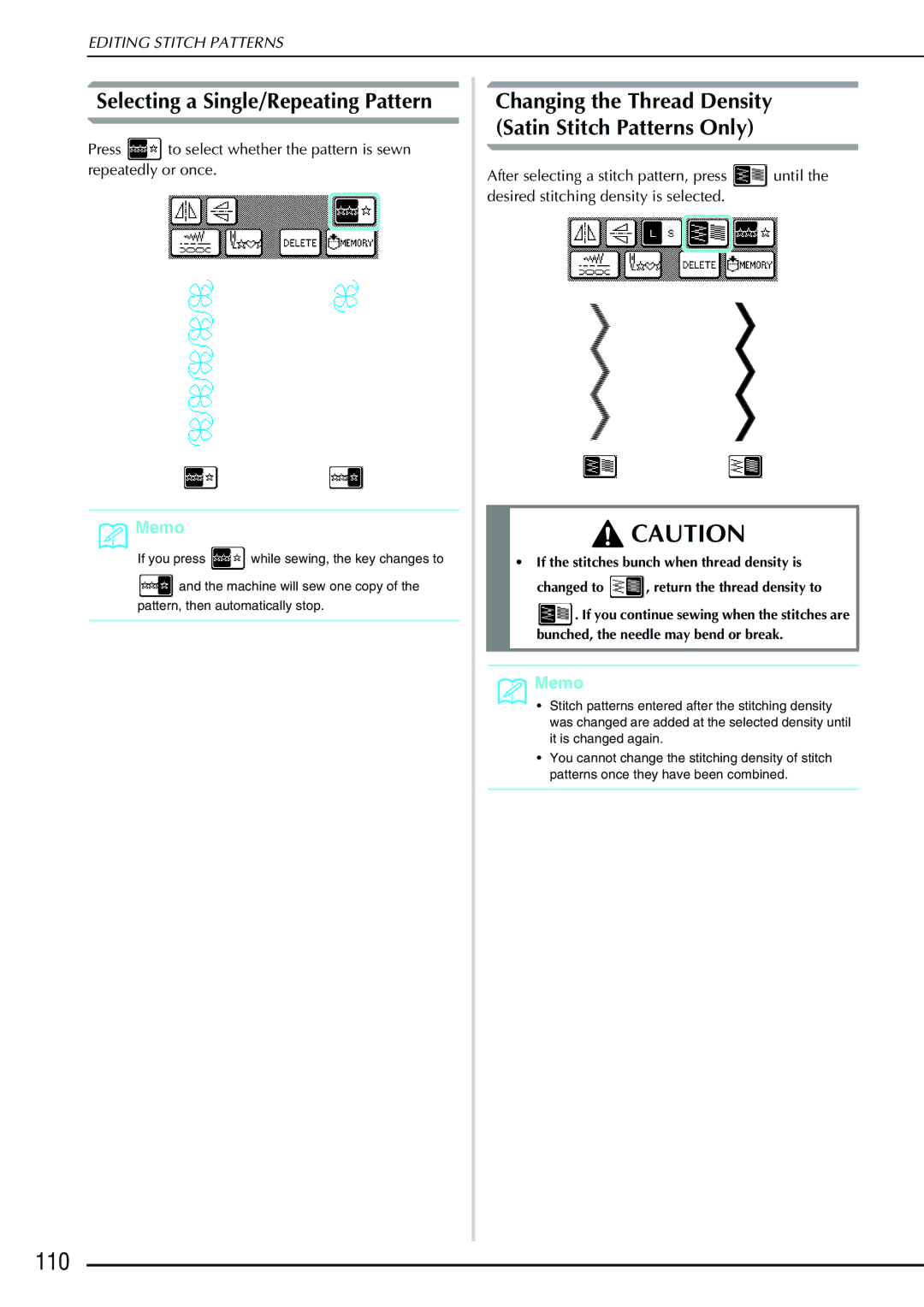 Brother QC 1000 operation manual 110, Selecting a Single/Repeating Pattern 