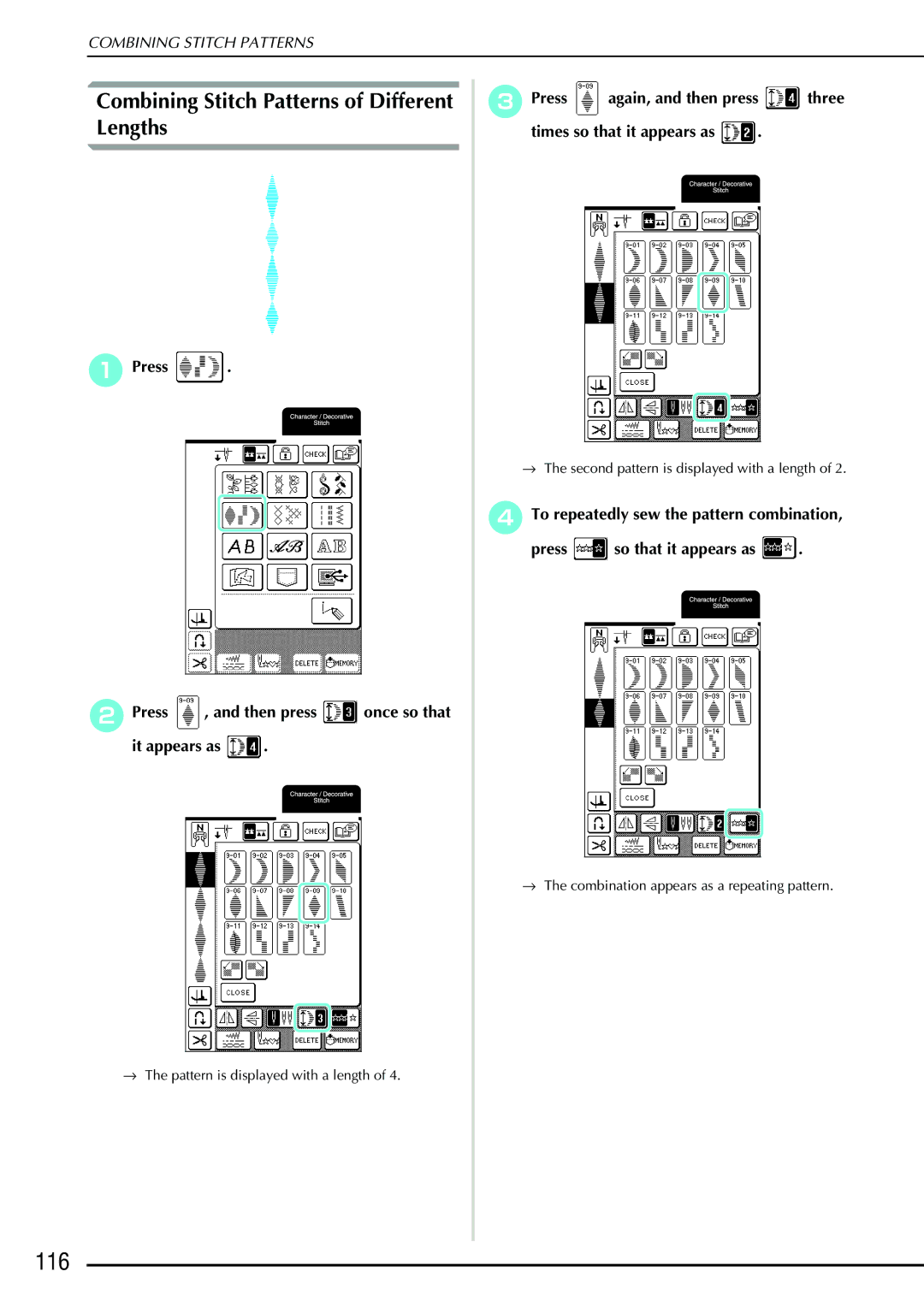 Brother QC 1000 operation manual 116, Combining Stitch Patterns of Different Lengths 