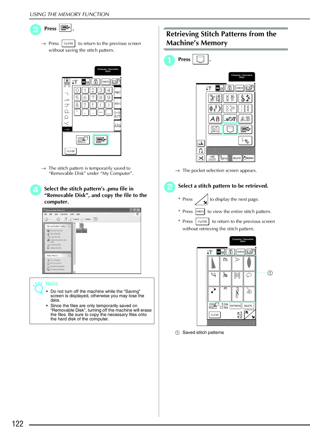 Brother QC 1000 122, Retrieving Stitch Patterns from the Machine’s Memory, Select a stitch pattern to be retrieved 