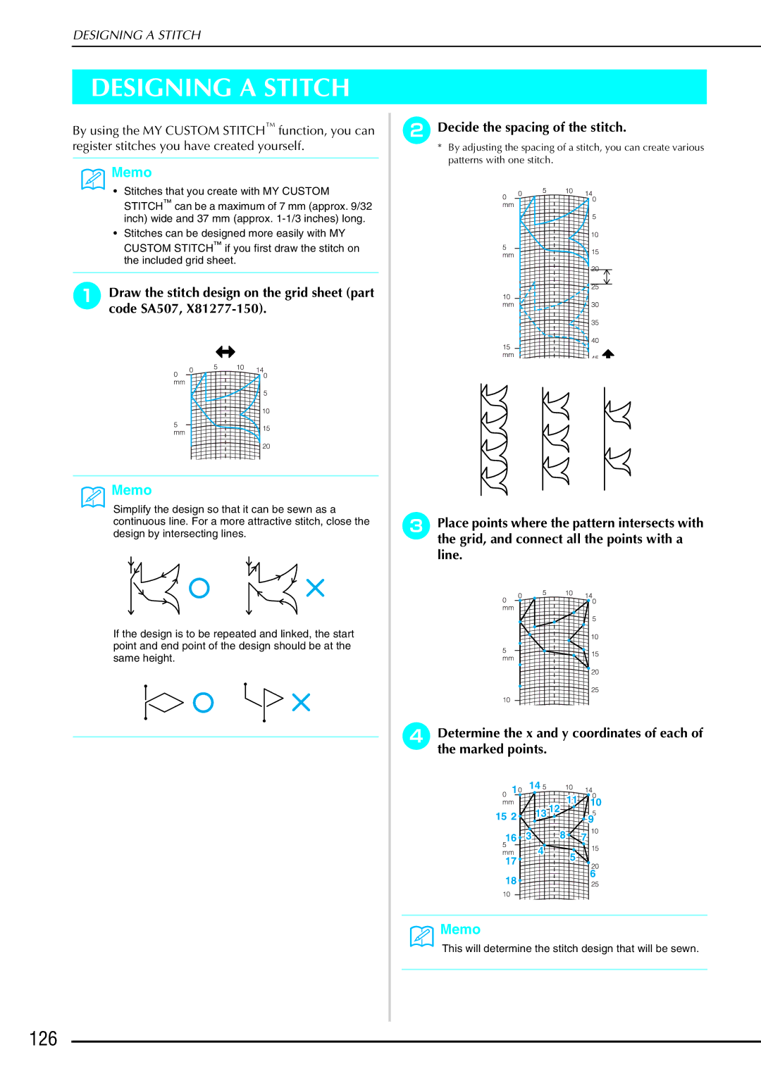 Brother QC 1000 operation manual Designing a Stitch, 126, Draw the stitch design on the grid sheet part code SA507 