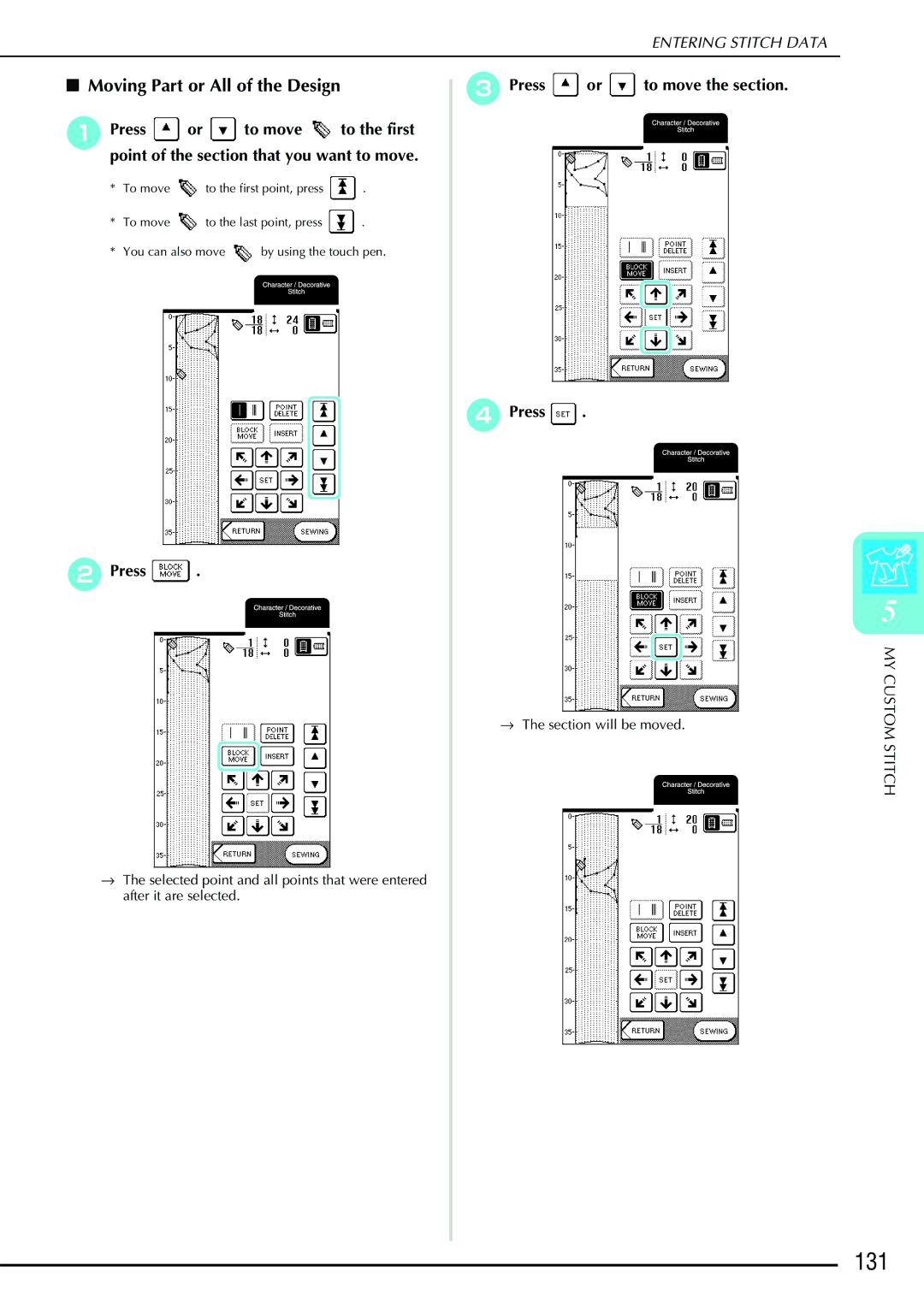 Brother QC 1000 operation manual 131, Moving Part or All of the Design, CPress or to move the section DPress BPress 