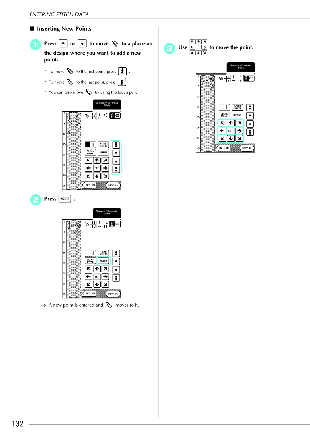 Brother QC 1000 operation manual 132, Inserting New Points 