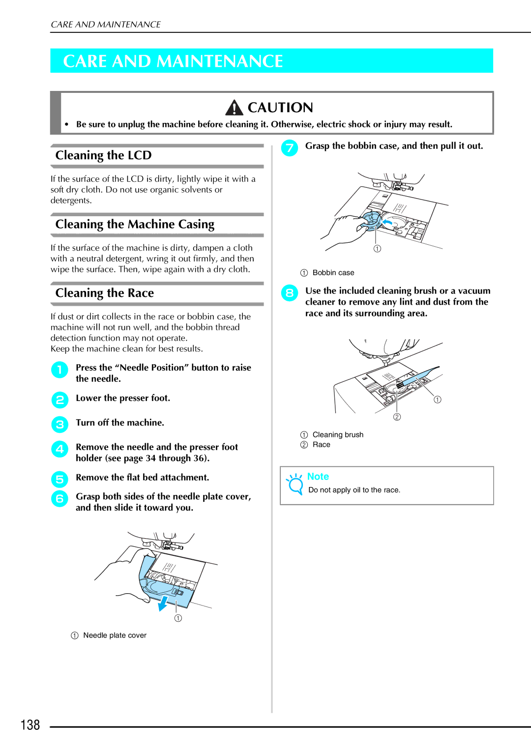 Brother QC 1000 Care and Maintenance, 138, Cleaning the LCD, Cleaning the Machine Casing, Cleaning the Race 