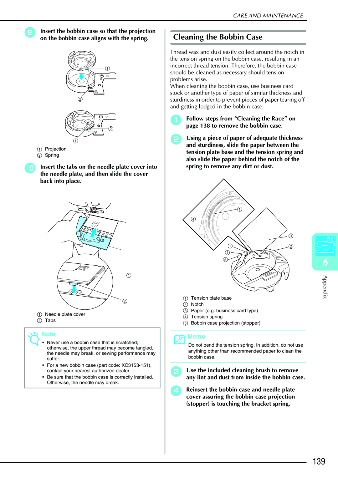 Brother QC 1000 operation manual 139, Cleaning the Bobbin Case 