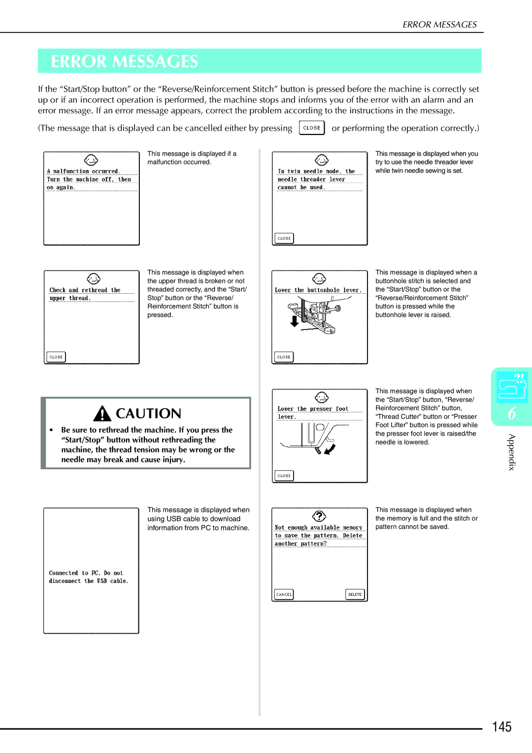 Brother QC 1000 operation manual Error Messages, 145 