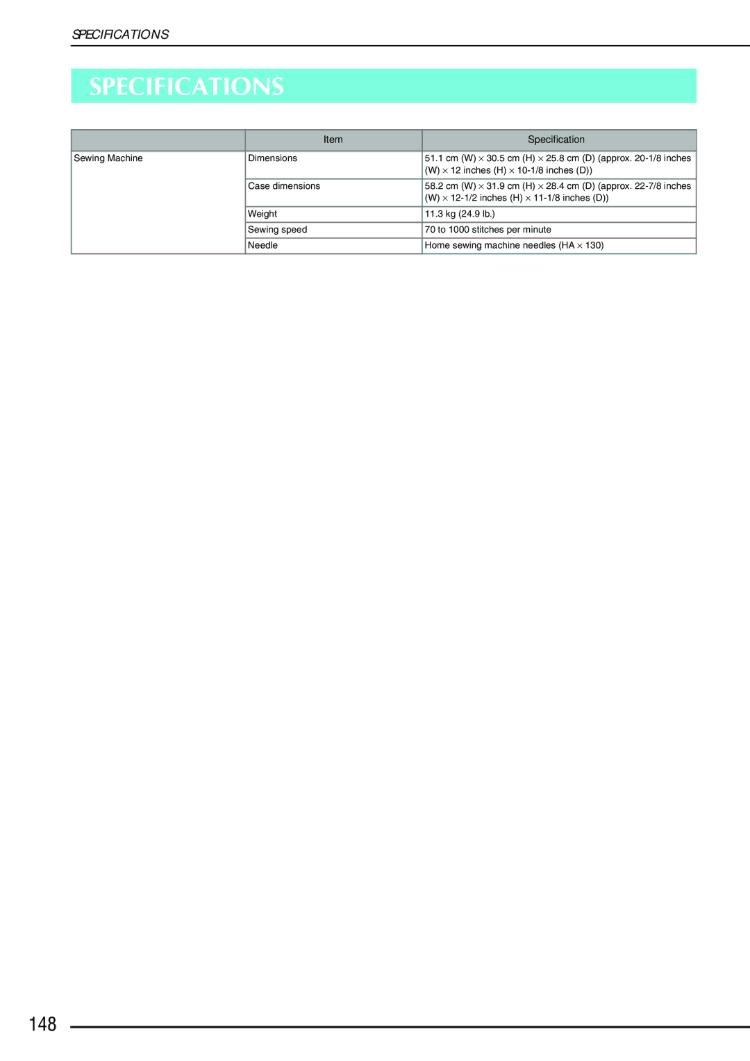 Brother QC 1000 operation manual Specifications, 148 