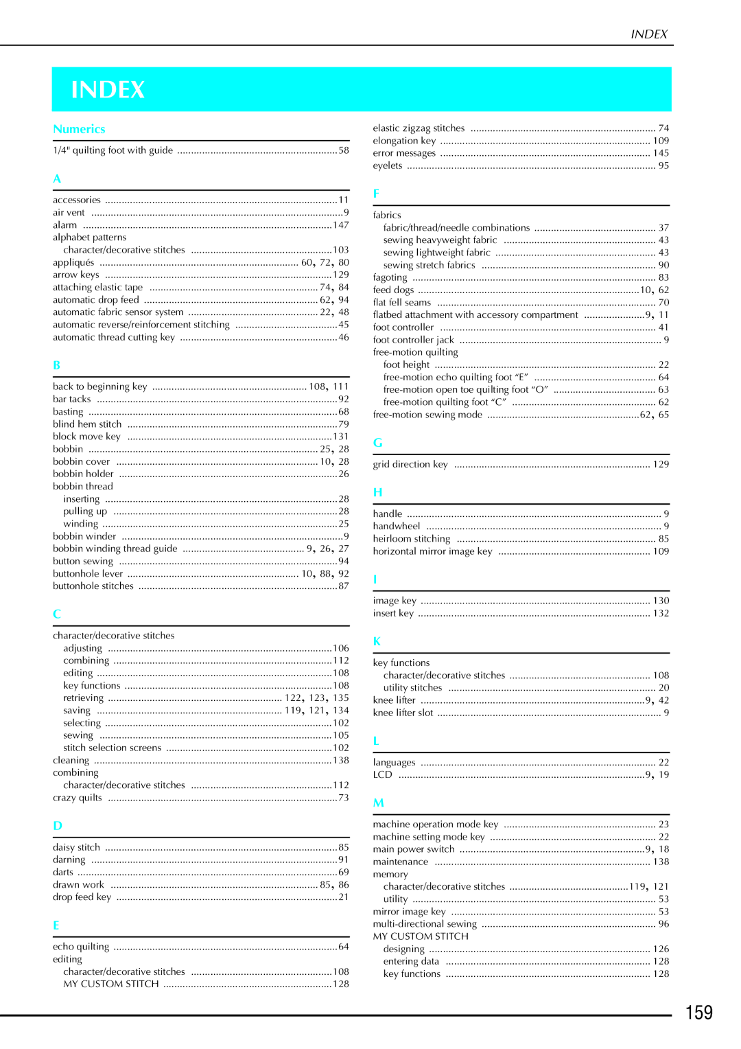 Brother QC 1000 operation manual Index, 159 