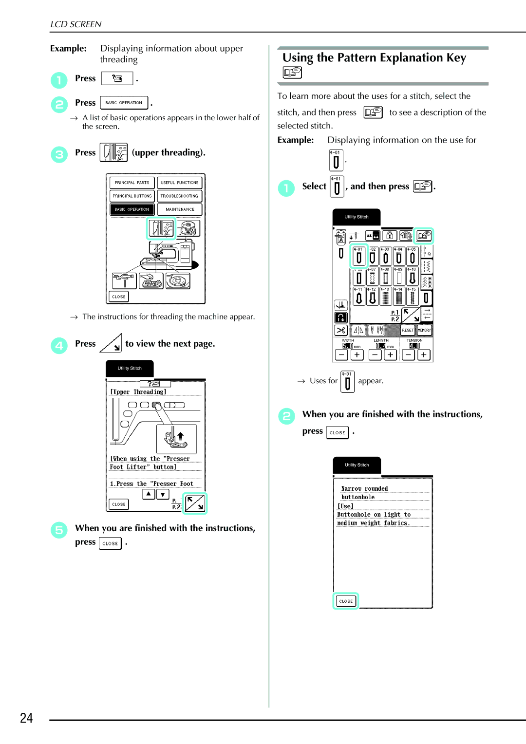 Brother QC 1000 operation manual Using the Pattern Explanation Key 