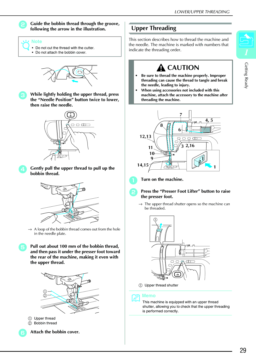 Brother QC 1000 operation manual Upper Threading, Attach the bobbin cover 