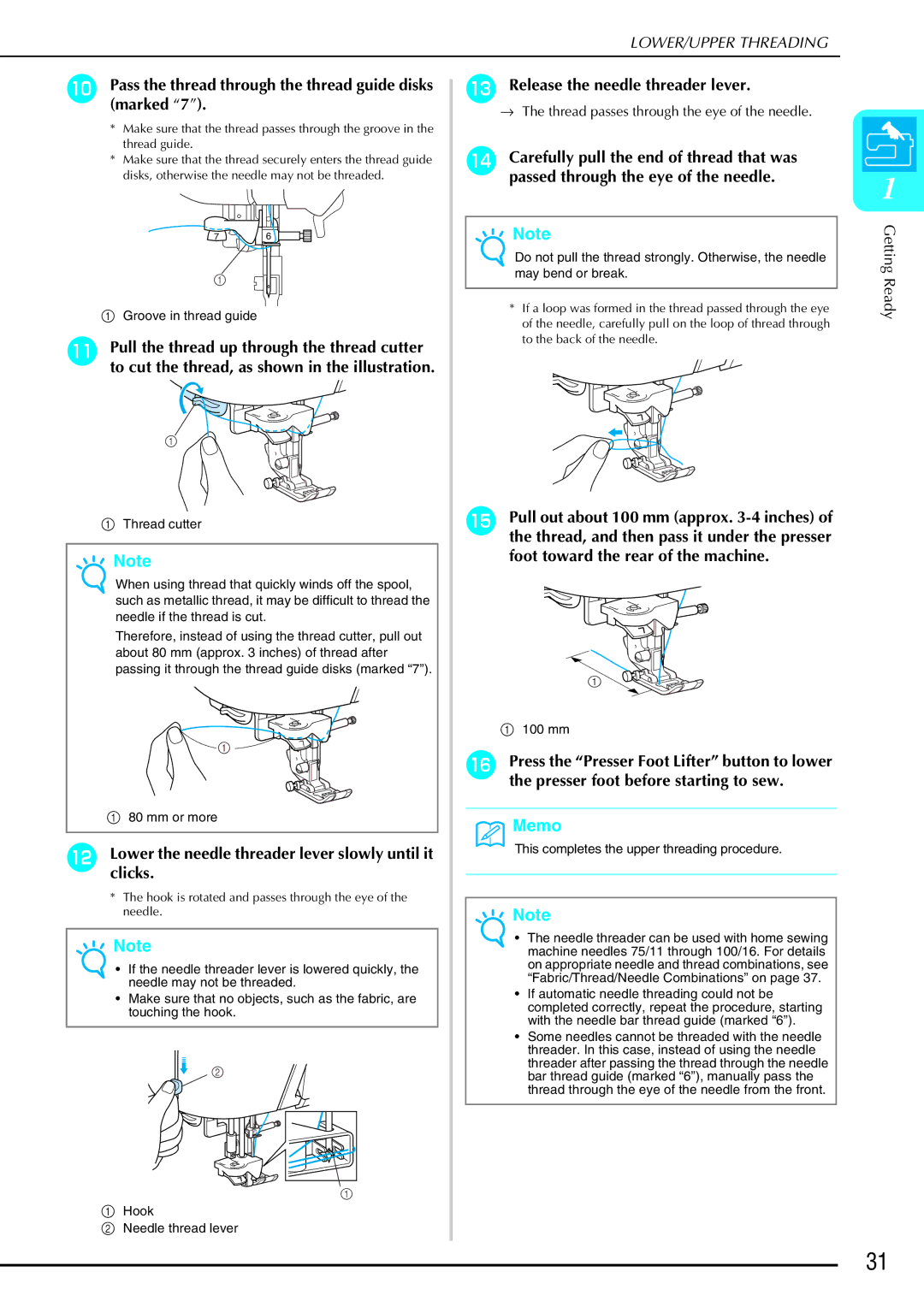 Brother QC 1000 operation manual Pass the thread through the thread guide disks marked, Release the needle threader lever 