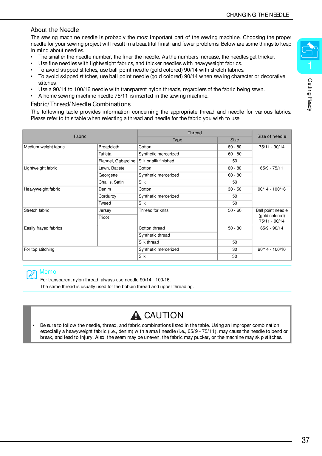 Brother QC 1000 operation manual About the Needle, Fabric/Thread/Needle Combinations 