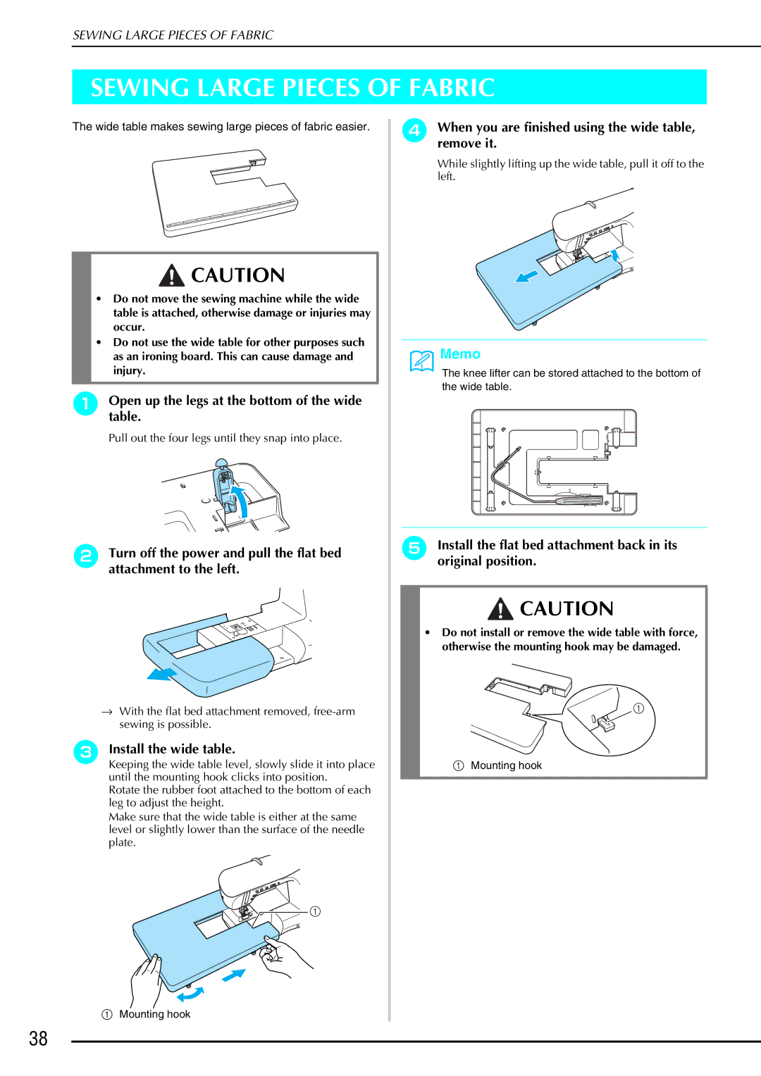 Brother QC 1000 operation manual Sewing Large Pieces of Fabric, Install the wide table 