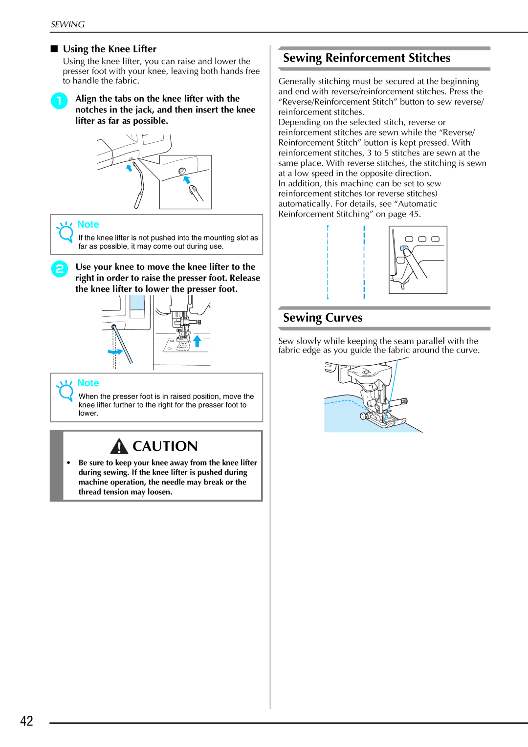 Brother QC 1000 operation manual Sewing Reinforcement Stitches, Sewing Curves, Using the Knee Lifter 