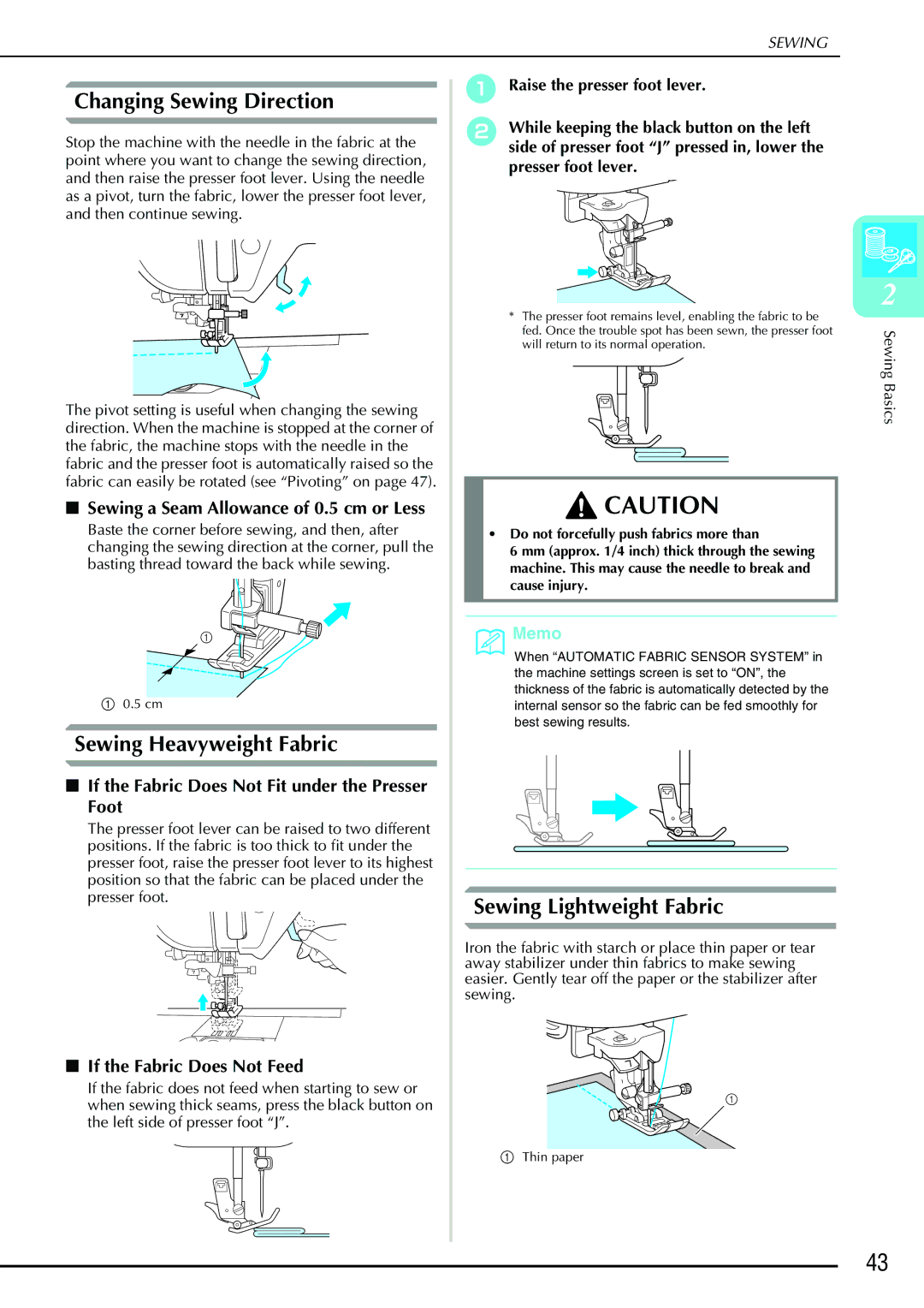 Brother QC 1000 operation manual Changing Sewing Direction, Sewing Heavyweight Fabric, Sewing Lightweight Fabric 