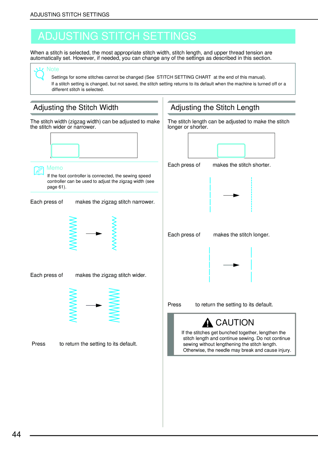 Brother QC 1000 operation manual Adjusting Stitch Settings, Adjusting the Stitch Width, Adjusting the Stitch Length 